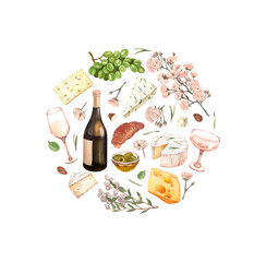 Watercolor wine and cheese frame template. Hand draw round card background with food objects on isolated white. White wine bottle and glass and glass,olive, green grapes, cheeses and flowers