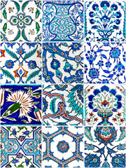 Set of handmade ceramic tiles from the 16th century in Topkapi Palace, Istanbul, Turkey.