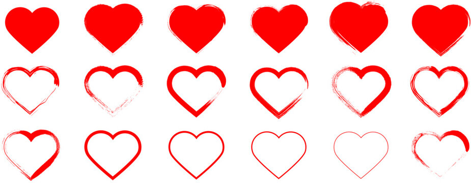 Red hearts icons vector set.Hand drawn hearts for web site, love symbol and Valentine's day.Red hearts isolated on white background.