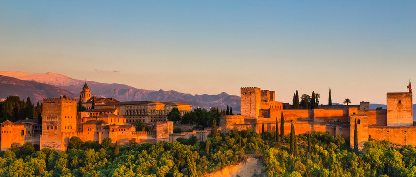 Alhambra, a palace and fortress complex, at dusk; Granada, Andalusia, Spain