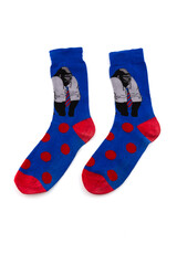 Pair of blue socks with monkeys