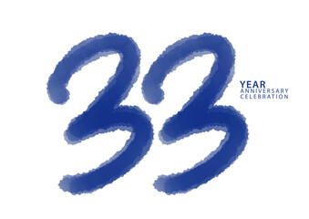 33 year anniversary celebration blue color logotype vector, 33 number design, 33th Birthday invitation, logo number design vector illustration, blue logo brushstroke illustration