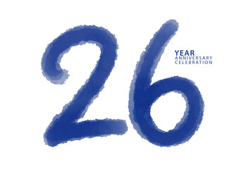 26 year anniversary celebration blue color logotype vector, 26 number design, 26th Birthday invitation, logo number design vector illustration, blue logo brushstroke illustration