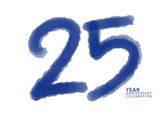 25 year anniversary celebration blue color logotype vector, 25 number design, 25th Birthday invitation, logo number design vector illustration, blue logo brushstroke illustration