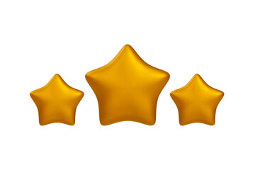 Three yellow gold glitter stars. Achievements for games. Customer rating feedback. Realistic 3d Vector illustration