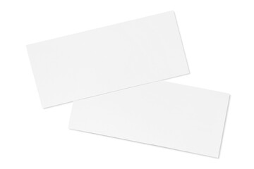 Two paper or plastic pieces (cards, tickets, flyers, invitations, coupons, banknotes, etc.), isolated on white background