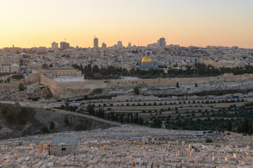Fototapeta na wymiar Landscape view of Old City of Jerusalem, view from Olive mount in Jerusalem
