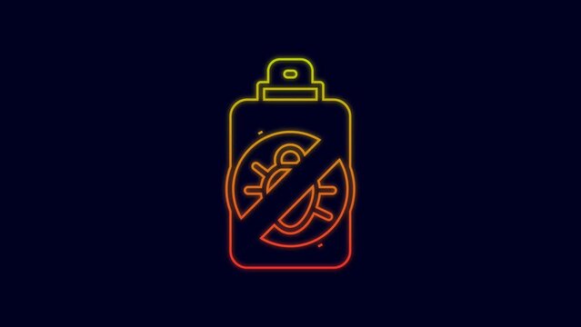 Glowing neon line Spray against insects icon isolated on blue background. 4K Video motion graphic animation