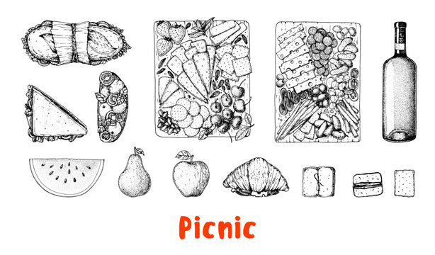 Picnic food top view. Hand drawn vector illustration. Italian cuisine. Food and drink sketch. Italian Food top view. Antipasti, pizza, sandwich, fruits, snacks for lunch or dinner.