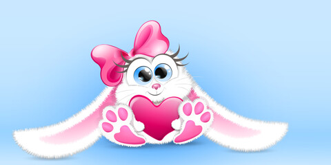 Cute fluffy cartoon white Bunny with big pink heart and pink bow.