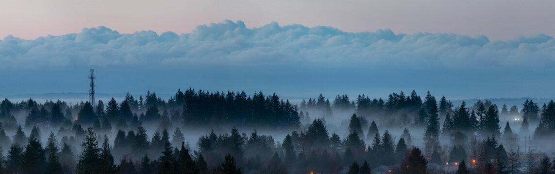 Dramatic cloud formation and fog in a morning sky over trees and city lights; Surrey, British Columbia, Canada