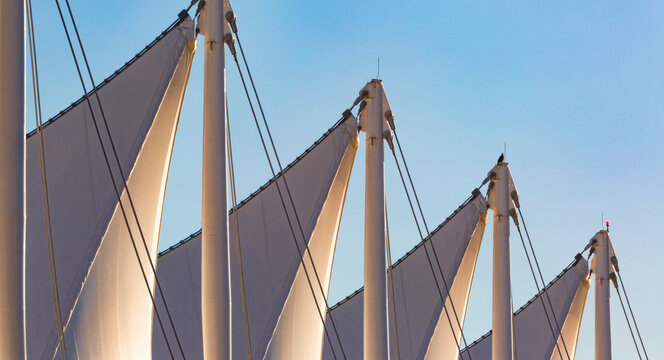 Architectural detail of the white sails at Canada Place in Vancouver, BC, Canada; Vancouver, British Columbia, Canada