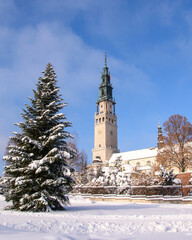Christmas tree in front of Jasna Gora. Snow. Winter landscape of Częstochowa. © shake_pl