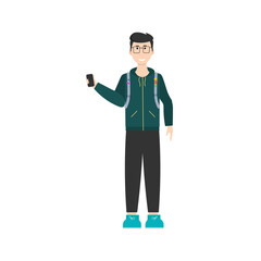A male student stands with a phone in his hand. Vector illustration. For covers, brochures, promotional booklets, social networks.