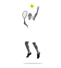 Man tennis player in sportswear in motion or movement on background.