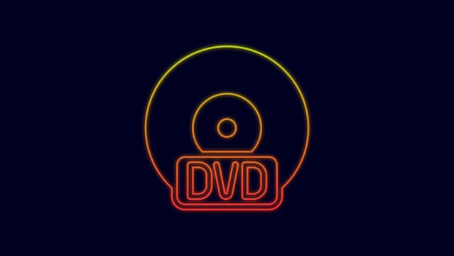 Glowing neon line CD or DVD disk icon isolated on blue background. Compact disc sign. 4K Video motion graphic animation