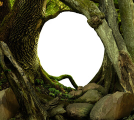 Fantasy forest old trees round frame isolated on png  background. Thick mossy trunks, stones, rocks, branches, roots