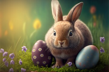 Fototapeta premium Cute Easter Egg Bunny and Painted Easter Eggs in Nature
