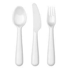 White plastic spoon, knife and fork, isolated on white background