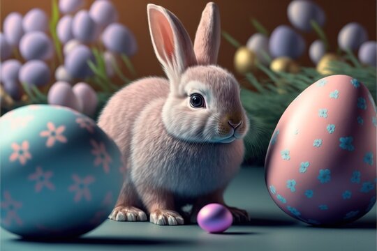 Cute Easter Egg Bunny and Painted Easter Eggs in Nature