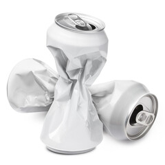 Two crumpled empty white aluminium cans, isolated on white background