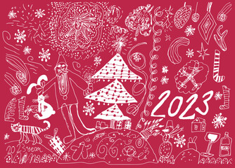 Fototapeta premium Funny kids drawing with symbol of chinese new year 2023 in trendy color of the year viva magenta. Naive scribble style collection for merry Christmas and happy new year. Vector illustration