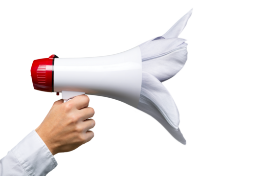 Hand holding bullhorn with blossoming light spring flower