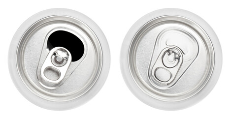 Top view of closed and opened aluminium cans, isolated on white background