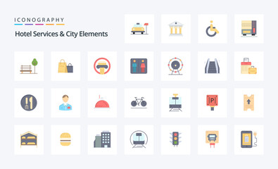 25 Hotel Services And City Elements Flat color icon pack
