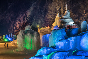 Colored lights on ice sculptures at the Sōunkyō Ice Waterfall Festival, Sounkyo, Hikkaido, Japan