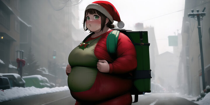 Fat girl works as a delivery man for the new year in a tight elf satna costume