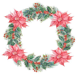 Watercolor Christmas and New Year`s wreath. Hand-painted wreath with poinsettia flowers, berries, holly and pine branches on transparent background.