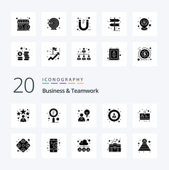 20 Business And Teamwork Solid Glyph icon Pack like person employee zoom target employee