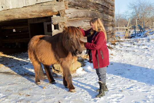Mature woman poses with a horse on a farm in winter; Ottawa Valley, Ontario, Canada