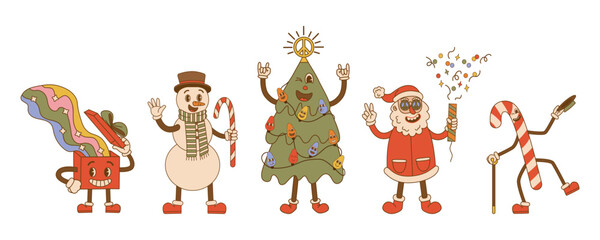Groovy hippie christmas characters in trendy cartoon style.