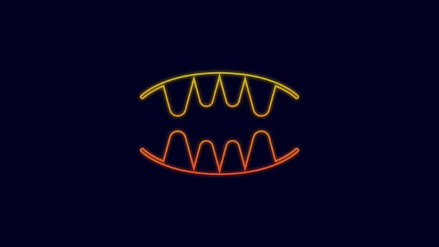 Glowing neon line Vampire teeth icon isolated on blue background. Happy Halloween party. 4K Video motion graphic animation