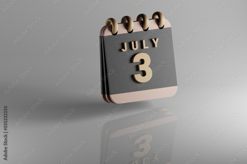 Poster Standing black and golden month lined desk calendar with date July 3. Modern design with golden elements, 3d rendering illustration. White ceramic reflection background...