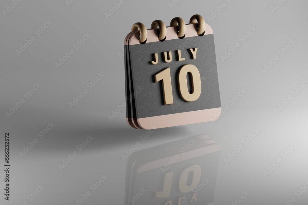 Poster Standing black and golden month lined desk calendar with date July 10. Modern design with golden elements, 3d rendering illustration. White ceramic reflection background...