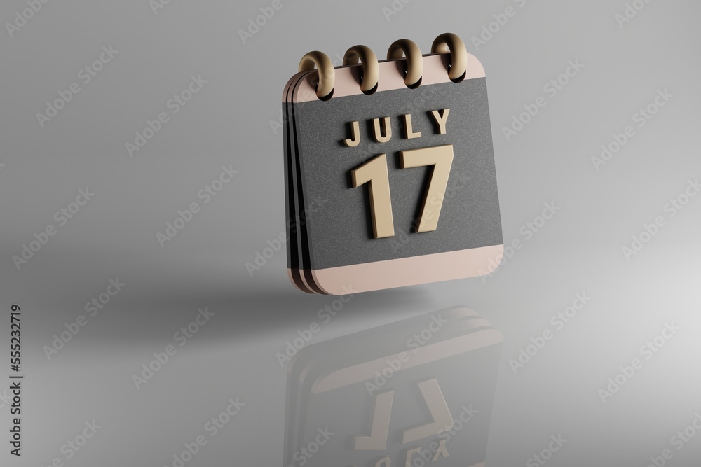 Poster Standing black and golden month lined desk calendar with date July 17. Modern design with golden elements, 3d rendering illustration. White ceramic reflection background...