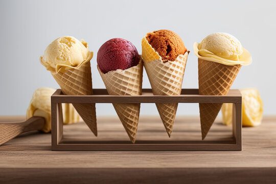 Photo Of A Row Of Ice Cream Covered In Sprinkles Cones Sitting On Top Of A Table - AI Generated