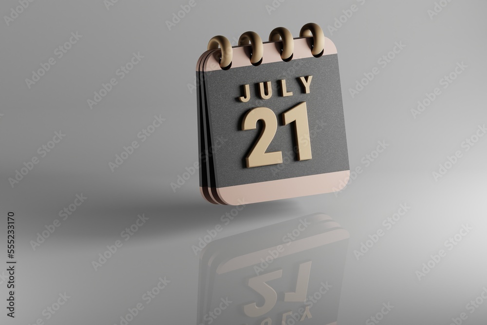 Poster Standing black and golden month lined desk calendar with date July 21. Modern design with golden elements, 3d rendering illustration. White ceramic reflection background...