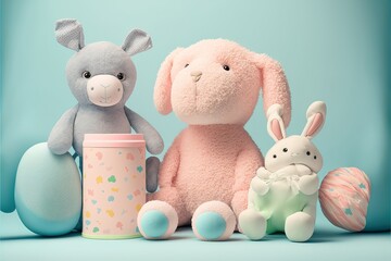  a group of stuffed animals sitting next to each other on a blue background with a pink cup and a blue bunny. Generative AI
