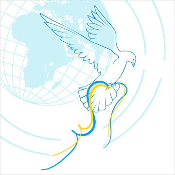 Postcard for the holiday of Independence Day of Ukraine. World day of peace, with a linear image of a dove, the flag of ukraine from ribbons, a heart and a globe