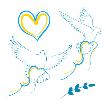 A set of linear images of doves of the flag of Ukraine from yellow and blue ribbons in the form of a heart, a heart and a branch