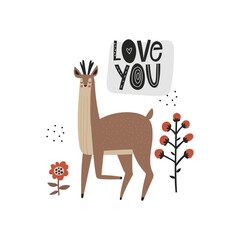 Love you romantic lettering inscription with cute roe deer and doodle flowers drawings