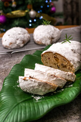 Christmas stollen with icing sugar