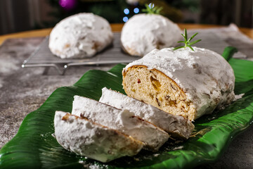 Christmas stollen with icing sugar