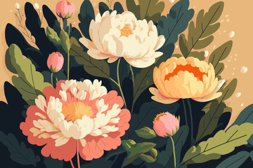 peonies and wild flowers botanical natural peony Illustration background © Vibrands Studio