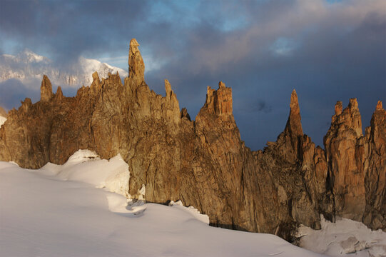 Aiquille Verte and other craggy peaks with Mont Blanc in the French Alps; Chamonix, France