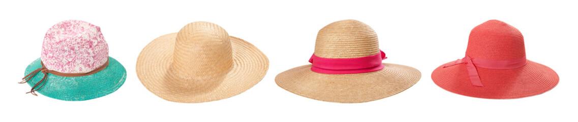 Straw hats with ribbon and bow on white background. Set beach hats summer accessory closeup top...